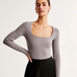 Abercrombie & Fitch Long-Sleeve Ottoman Squareneck Bodysuit Purple/Gray Size XS